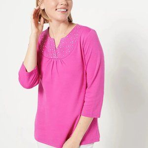 NWT Quacker Factory Rhinestones & Faux Pearls Split V-Neck T-Shirt Size Large